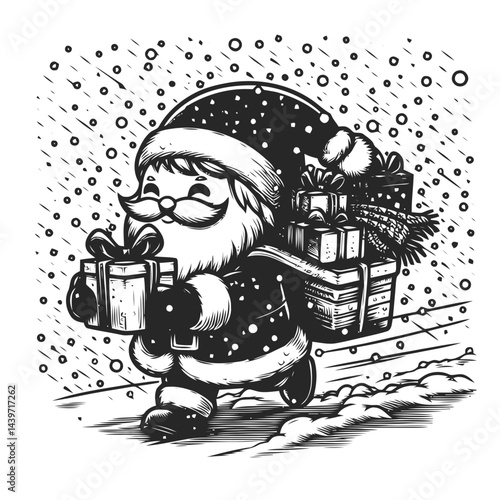 Chibi Santa delivering presents in snowstorm