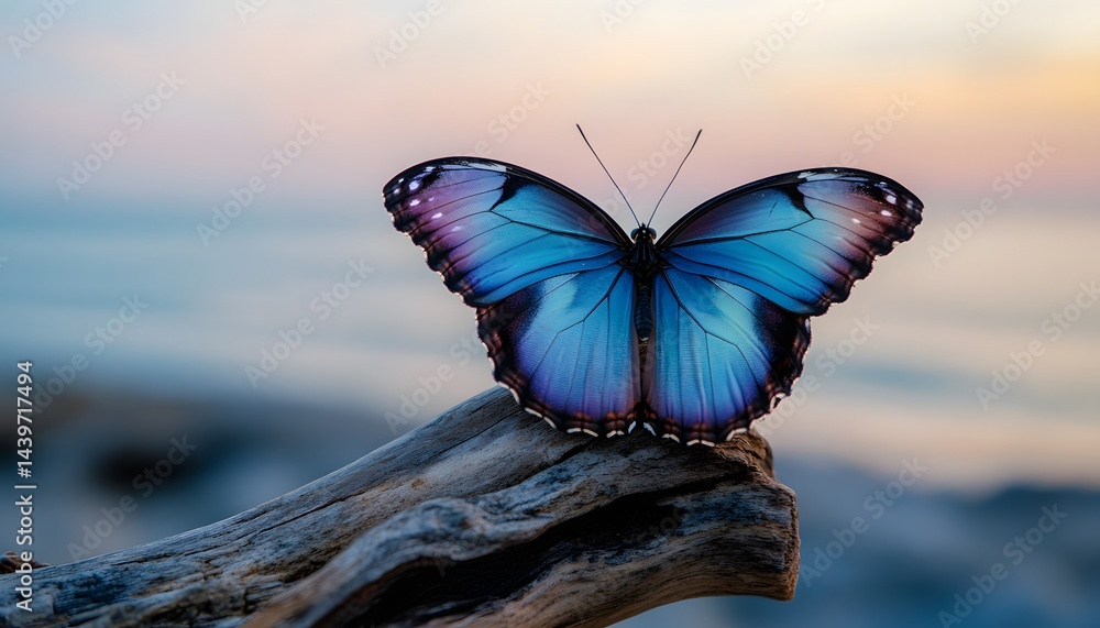 A beautiful blue butterfly resting on a weathered wooden branch