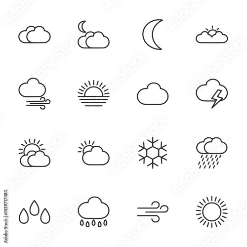 A set of weather icons including rain, snow, and sun