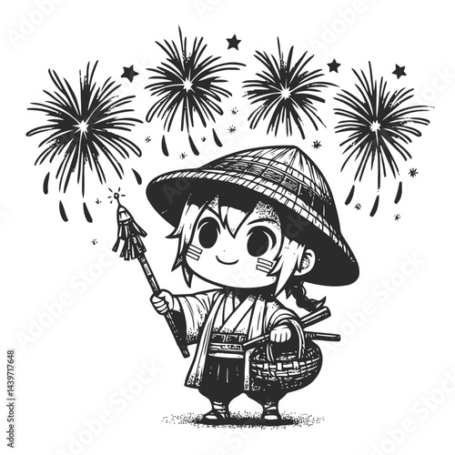 Cute chibi character celebrating the New Year with fireworks and excitement