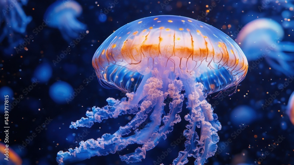 Vibrant Jellyfish Swimming in a Deep Blue Ocean Environment Vibrant Jellyfish Swimming in a Deep Blue Ocean Environment