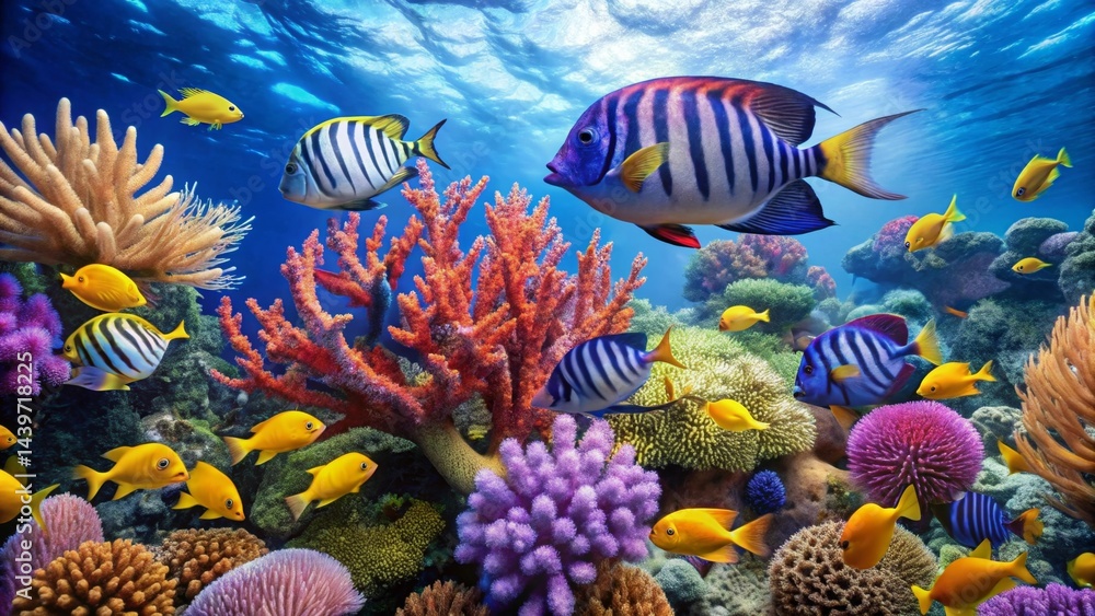 Naklejka premium Vibrant underwater scene showcasing a diverse array of colorful fish swimming amidst a lush coral reef teeming with life