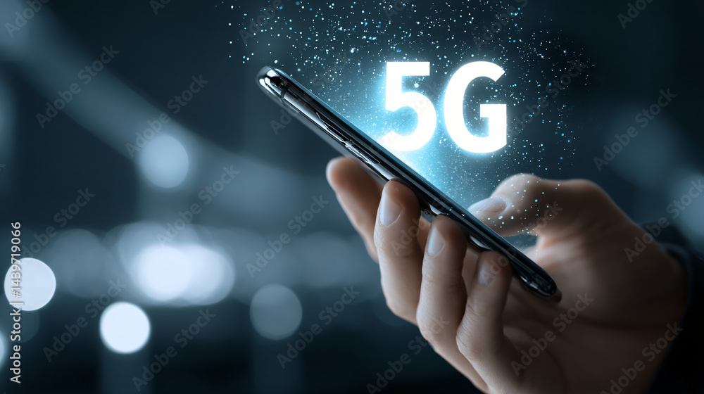 5G Technology at Fingertips: A person's hand holds a smartphone displaying a bright 5G symbol. This image highlights the cutting-edge of mobile communication.