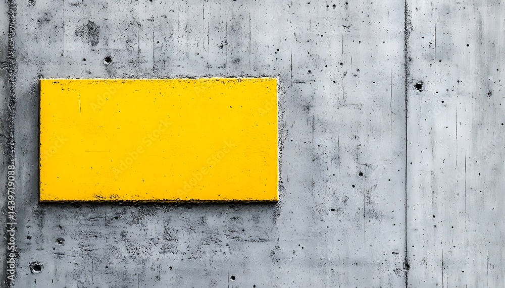Yellow rectangular sign on a textured grey concrete wall