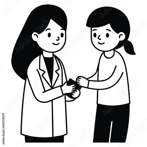cartoon female doctor carefully placing a bandage