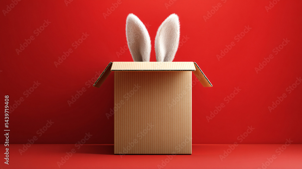 Whimsical Bunny Surprise: A charming brown cardboard box against a vibrant red backdrop, from which delicate bunny ears emerge, creating an intriguing and playful composition.