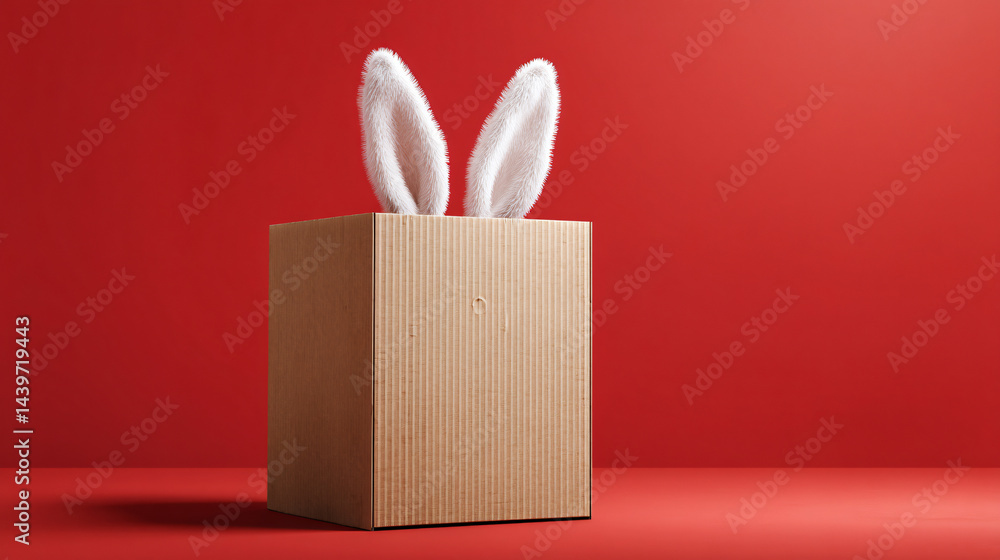 Easter Surprise: A whimsical brown box peeks out, showcasing delicate white bunny ears against a vibrant red background, creating a sense of playful anticipation and festive charm.