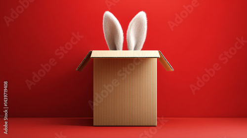 Obraz na płótnie Whimsical Bunny Surprise: A charming brown cardboard box against a vibrant red backdrop, from which delicate bunny ears emerge, creating an intriguing and playful composition. w salonie