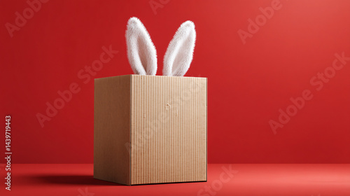 Obraz na płótnie Easter Surprise: A whimsical brown box peeks out, showcasing delicate white bunny ears against a vibrant red background, creating a sense of playful anticipation and festive charm. w salonie
