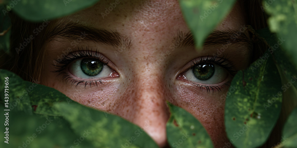 Emerald Gaze: A close-up view of striking green eyes framed by lush foliage, symbolizing nature's mystery and the beauty of the human connection to the earth.
