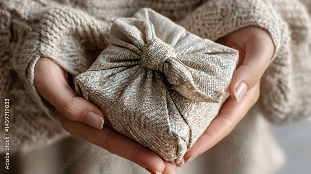 Wrapped Gift with Love: Close-up of a pair of hands gently cradling a meticulously wrapped gift, showcasing sustainable practices.