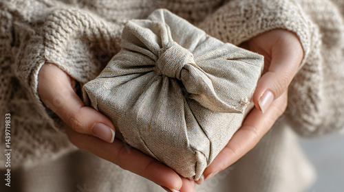 Wrapped Gift with Love: Close-up of a pair of hands gently cradling a meticulously wrapped gift, showcasing sustainable practices.