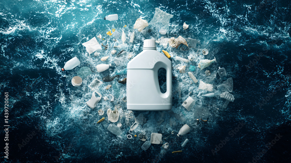 Ocean Pollution and Plastic Bottle: A stark reminder of ocean pollution, featuring a large plastic bottle amidst a sea of fragmented plastic debris.