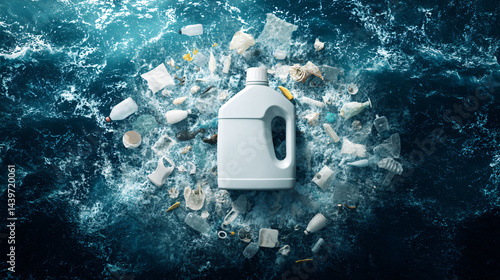 Obraz na płótnie Ocean Pollution and Plastic Bottle: A stark reminder of ocean pollution, featuring a large plastic bottle amidst a sea of fragmented plastic debris. w salonie