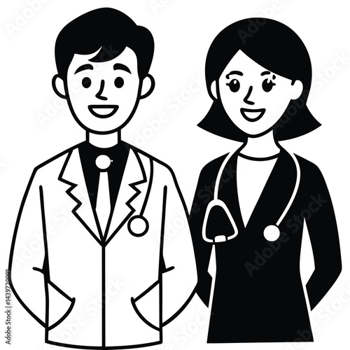 cartoon male doctor and female nurse standing side by side