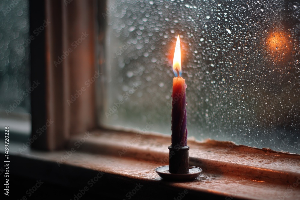 Candle Light Glowing Through Window in Rainy Weather