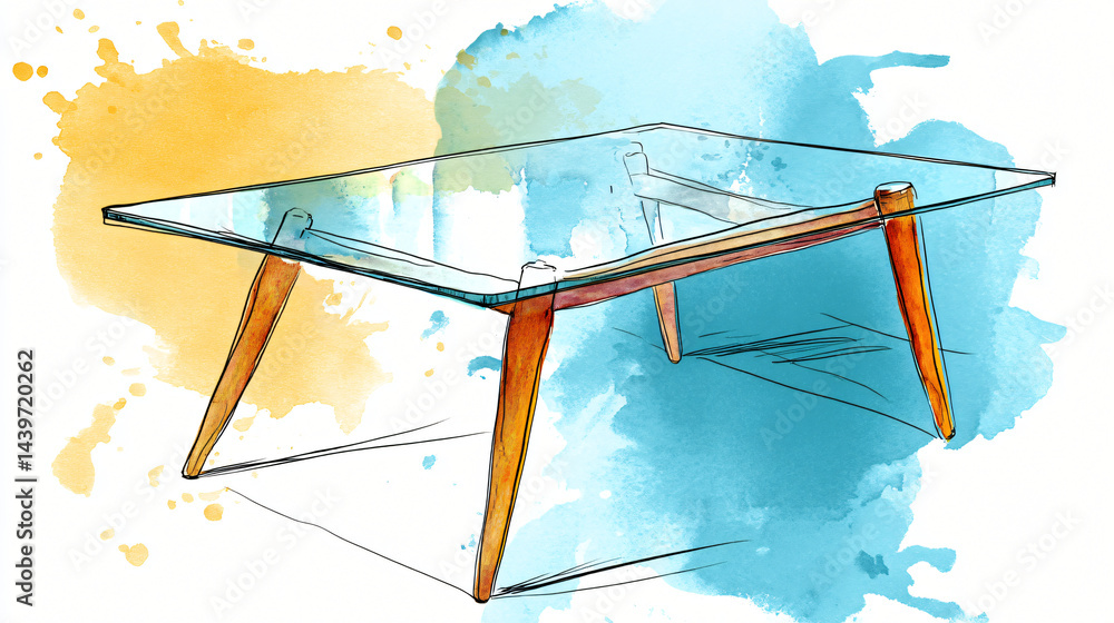 Sleek Glass Table Design with Watercolor Elements: An elegant glass-top table, rendered with precision and complemented by artistic watercolor splashes.
