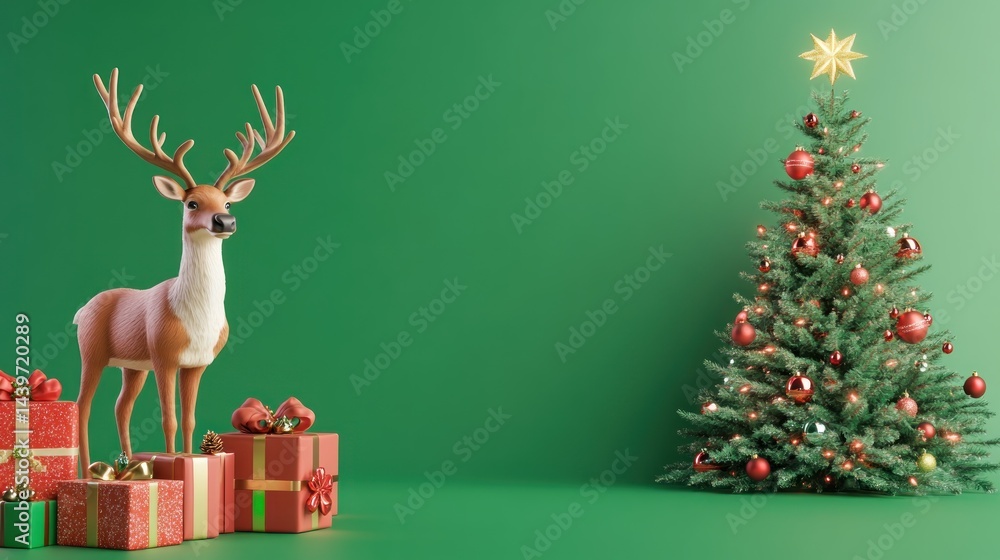 Naklejka premium Festive Christmas scene with deer and tree (1)