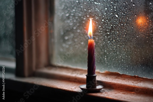 Candle Light Glowing Through Window in Rainy Weather
