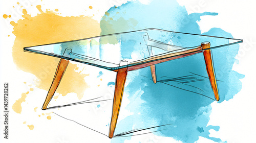 Obraz na płótnie Sleek Glass Table Design with Watercolor Elements: An elegant glass-top table, rendered with precision and complemented by artistic watercolor splashes. w salonie