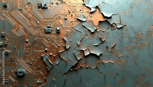 A circuit board texture with peeling paint and oxidation patterns