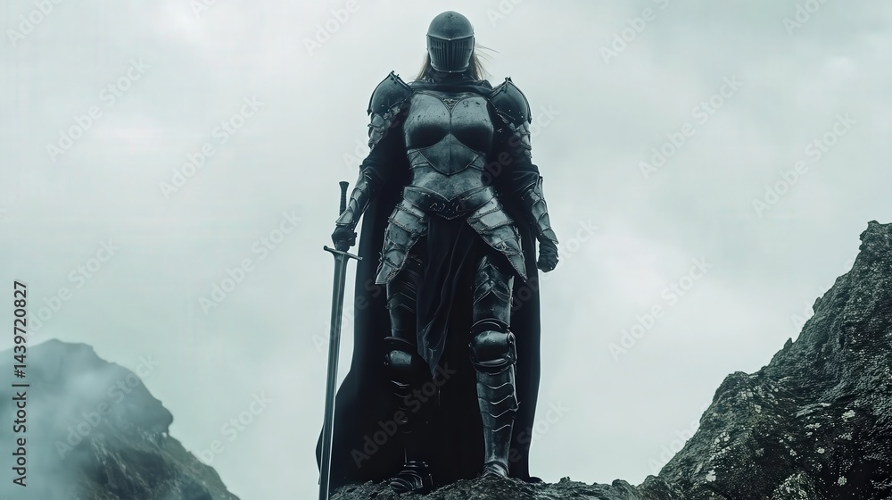 Mysterious Armored Figure Standing on Rocky Terrain in Dramatic Light Mysterious Armored Figure Standing on Rocky Terrain in Dramatic Light