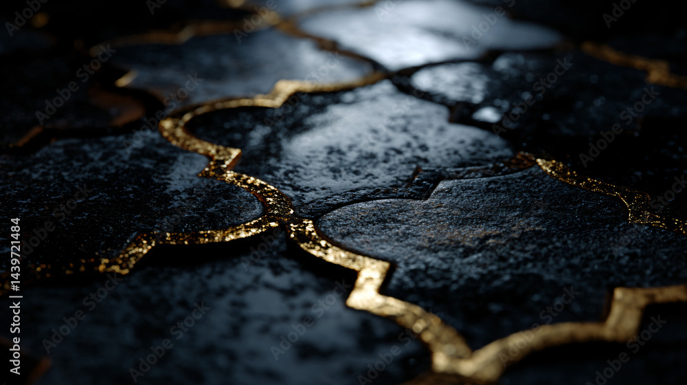 Dark and gold quatrefoil tile pattern with textured surface.