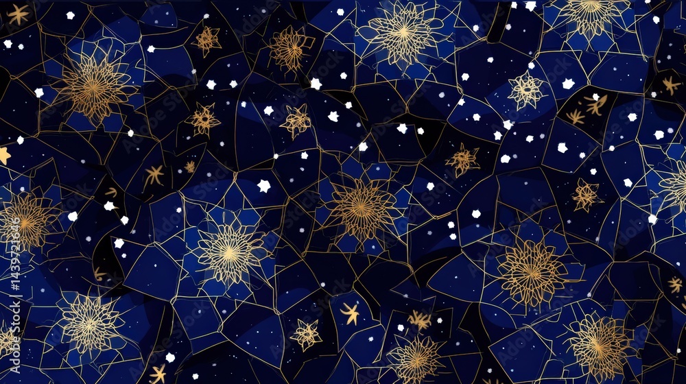 Celestial Pattern of Stars and Floral Designs on Dark Background