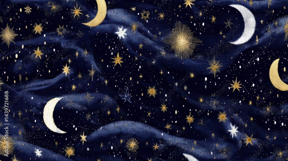 Celestial Night Sky with Stars and Moon Over Dark Blue Background