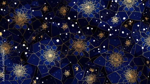 Obraz na płótnie Celestial Pattern of Stars and Floral Designs on Dark Background w salonie
