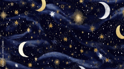 Obraz na płótnie Celestial Night Sky with Stars and Moon Over Dark Blue Background w salonie