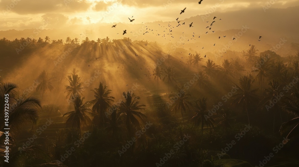 Obraz premium Sunrise rays through tropical forest