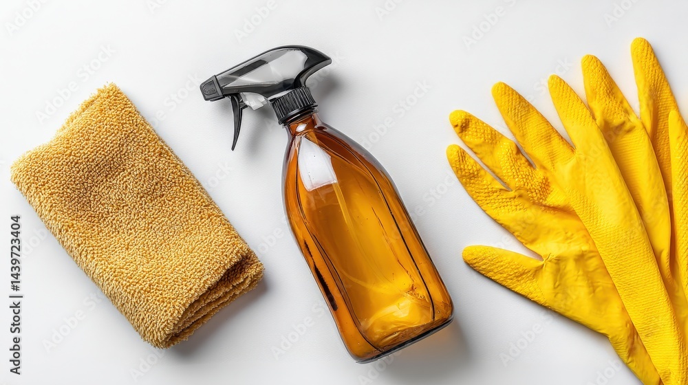 Cleaning supplies on a table with sprayer, cloth, and gloves