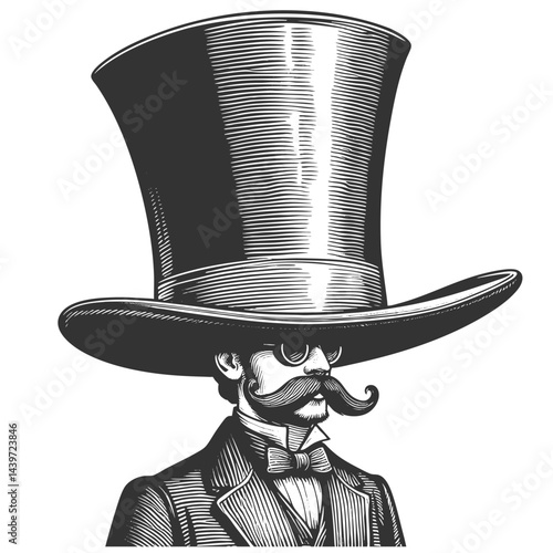 gentleman wearing an exaggeratedly tall top hat, complete with a mustache and suit sketch engraving generative ai vector illustration. Scratch board imitation. Black and white image.