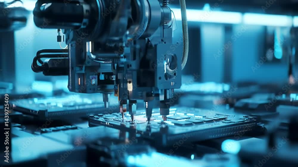 Assembling Computer Chips in Factory Automated Process Close Up Assembling Computer Chips in Factory Automated Process Close Up