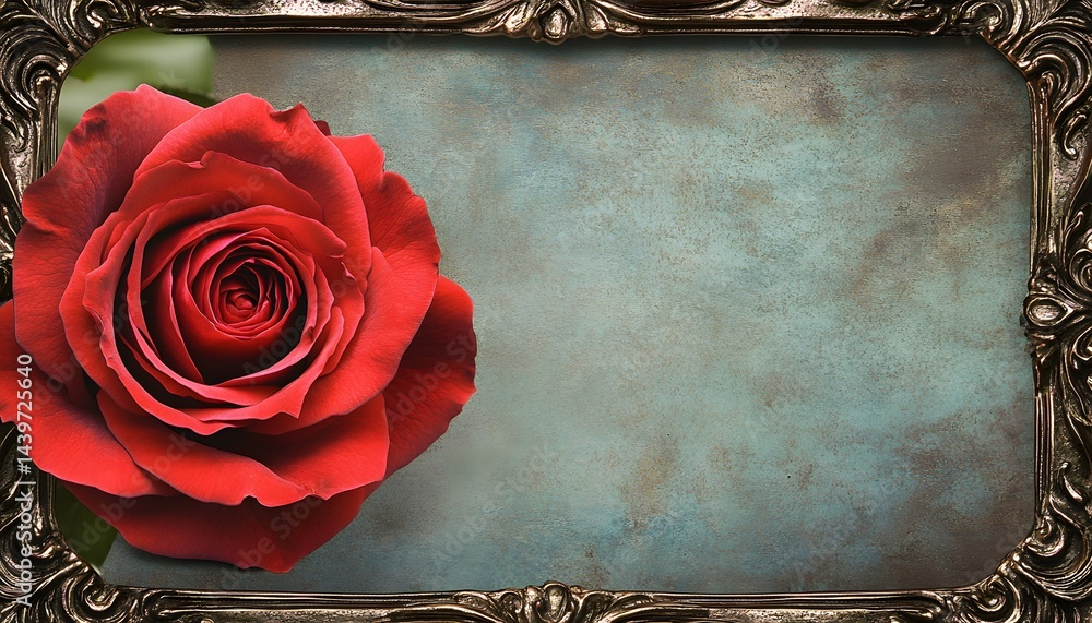 A beautiful red rose blossoms in an ornate antique frame