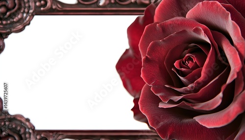 A detailed and elegant burgundy rose is within a decorative frame