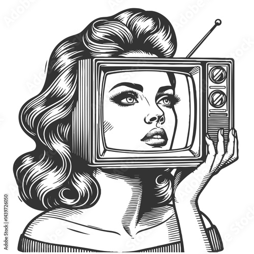 woman with her head inside a vintage television set, evoking media influence sketch engraving generative ai fictional character vector illustration. Scratch board imitation. Black and white image.