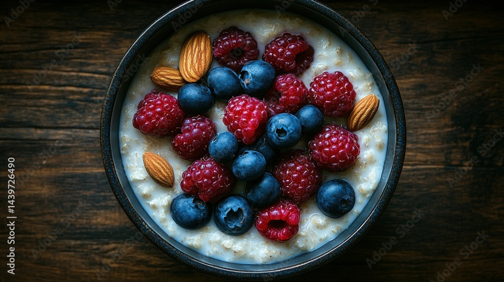 Nutritious berryalmond oatmeal bowl on wood Nutritious berryalmond oatmeal bowl on wood