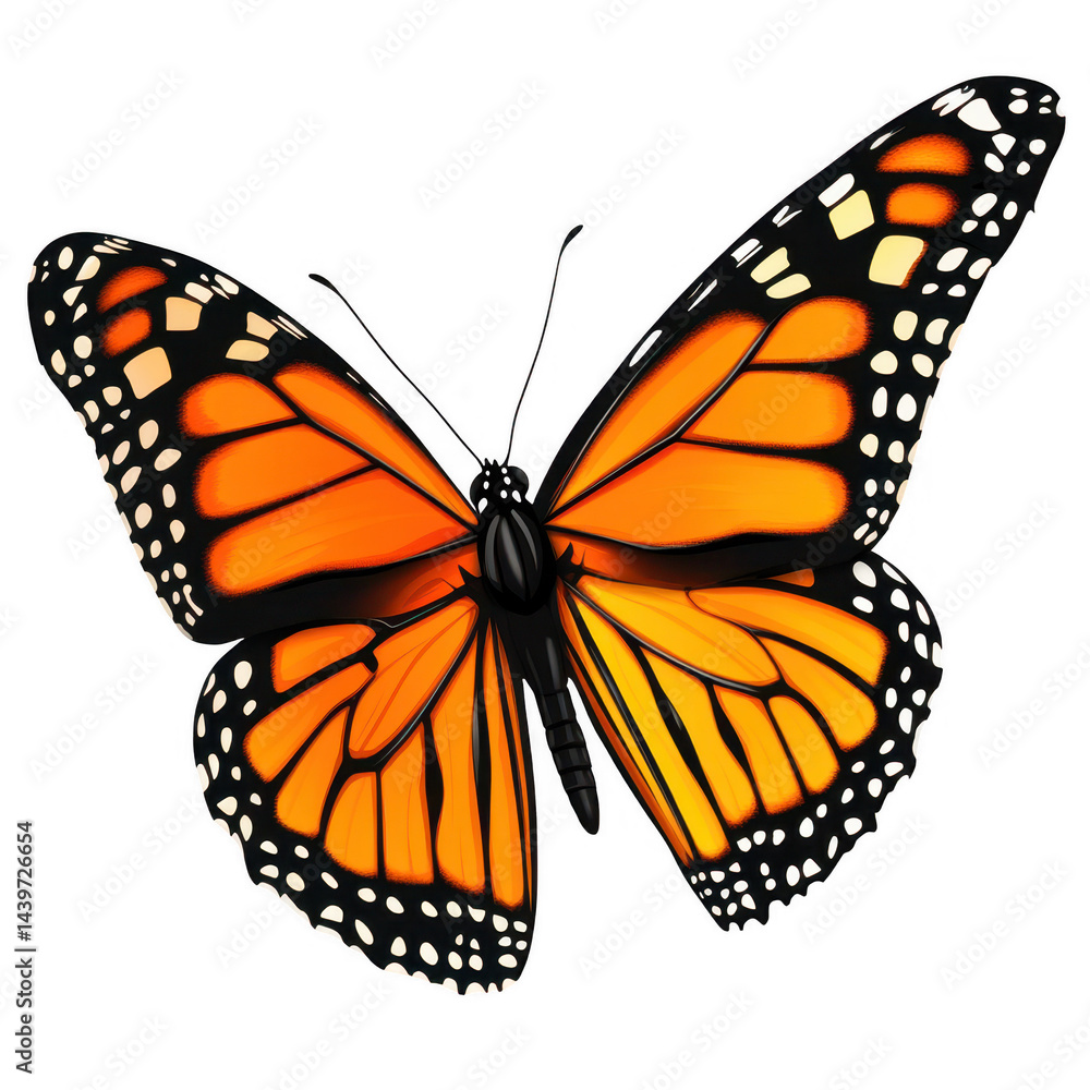 Fototapeta premium Vibrant monarch butterfly with detailed wing patterns on a black backdrop