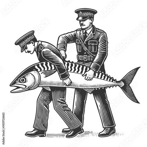 police officers arrested mackerel Fish, blending absurdity, humor, in a surreal composition sketch engraving generative ai vector illustration. Scratch board imitation. Black and white image.