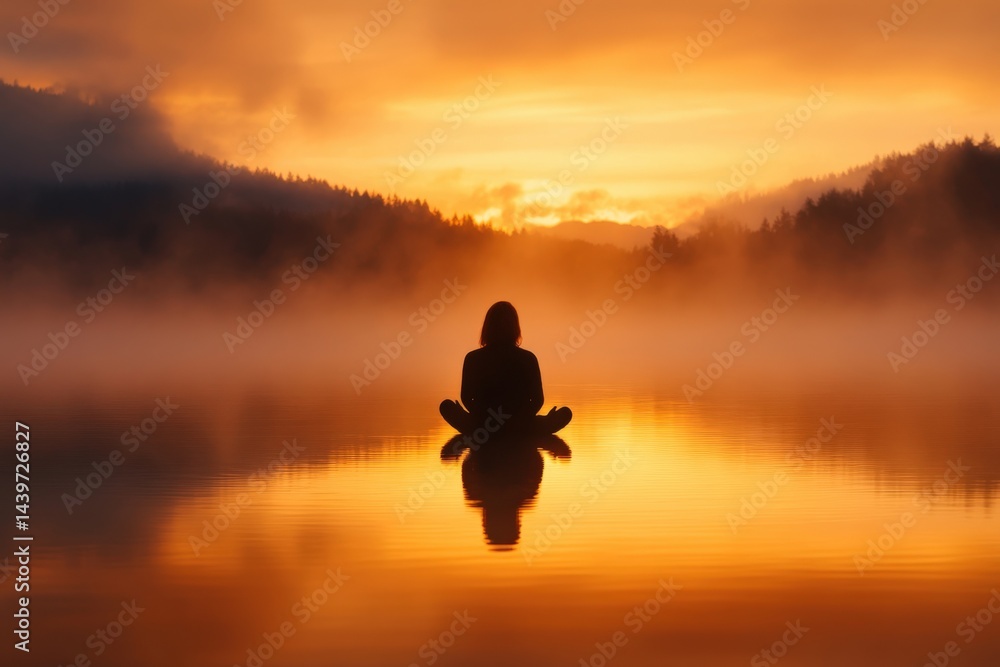 Woman meditating on calm water at sunrise Woman meditating on calm water at sunrise