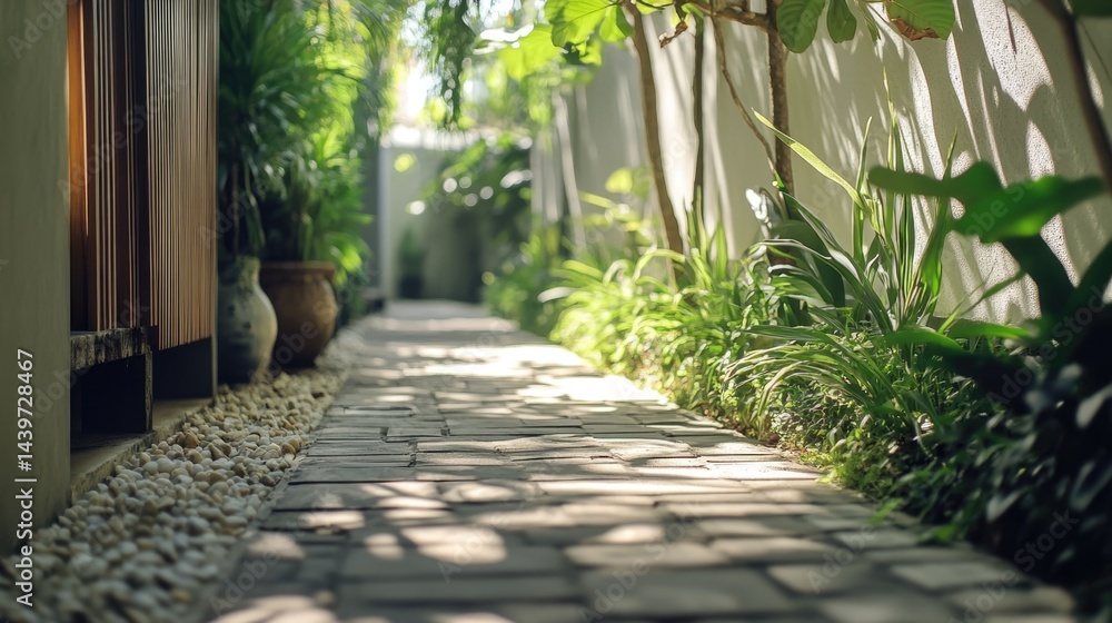 Obraz premium Sun-dappled Stone Path Through Lush Greenery