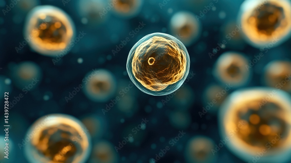 close up of glowing cells with orange details floating in blue background, showcasing intricate structures and vibrant colors close up of glowing cells with orange details floating in blue background, showcasing intricate structures and vibrant colors