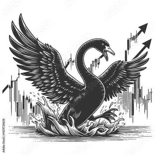 black swan flapping in turbulent waters with rising and falling red stock charts, symbolizing unpredictable market disruptions sketch engraving generative ai vector illustration. Black and white.