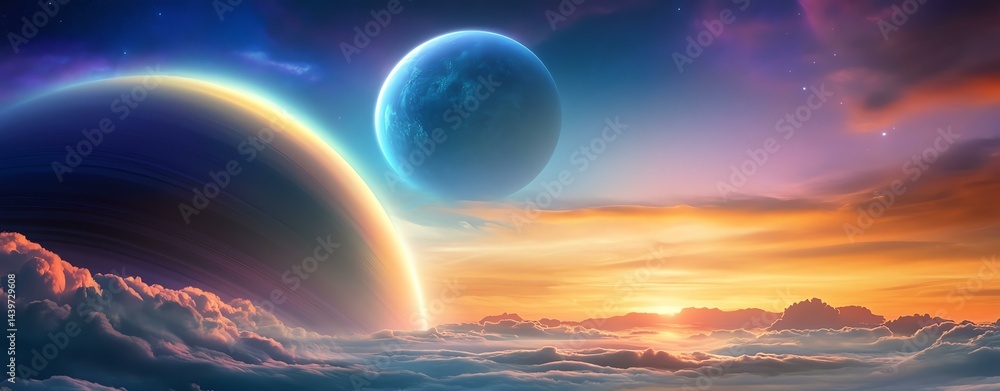 A stunning cosmic scene with planets, clouds, and a colorful sunset illuminating the sky. A stunning cosmic scene with planets, clouds, and a colorful sunset illuminating the sky.