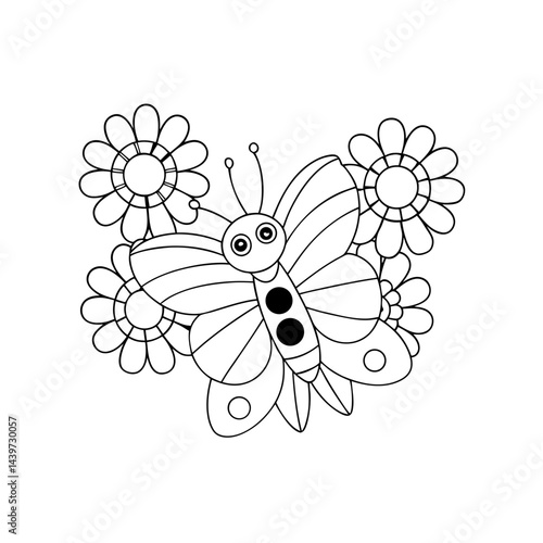 Simple Drawing of a Butterfly and Flowers Coloring Page