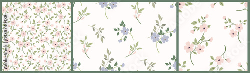 Seamless floral pattern, liberty ditsy print with hand drawn flowers branches in abstract composition. Delicate botanical design, small flowers, leaves, twigs in pastel colors. Vector illustration.