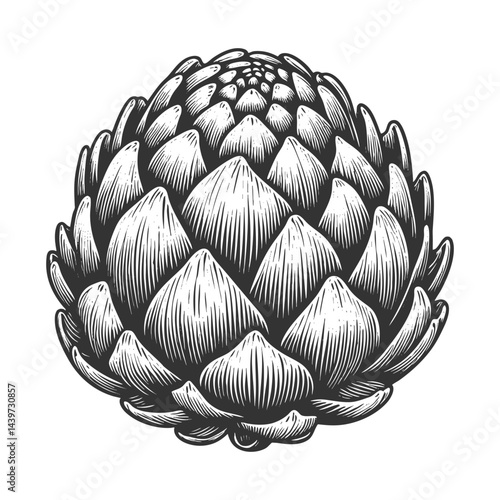 artichoke with intricate layers of leaves, drawn in an engraved, woodcut style sketch engraving generative ai vector illustration. Scratch board imitation. Black and white image.