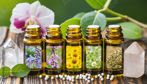Natural Wellness Bottles Homeopathy, Herbal Medicine, and Essential Oils for Healthy Living